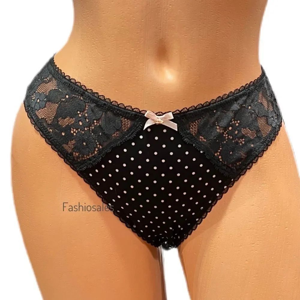 Victorias Secret Body Supersoft Satiny & Lace Thong panty Black dot print Small
